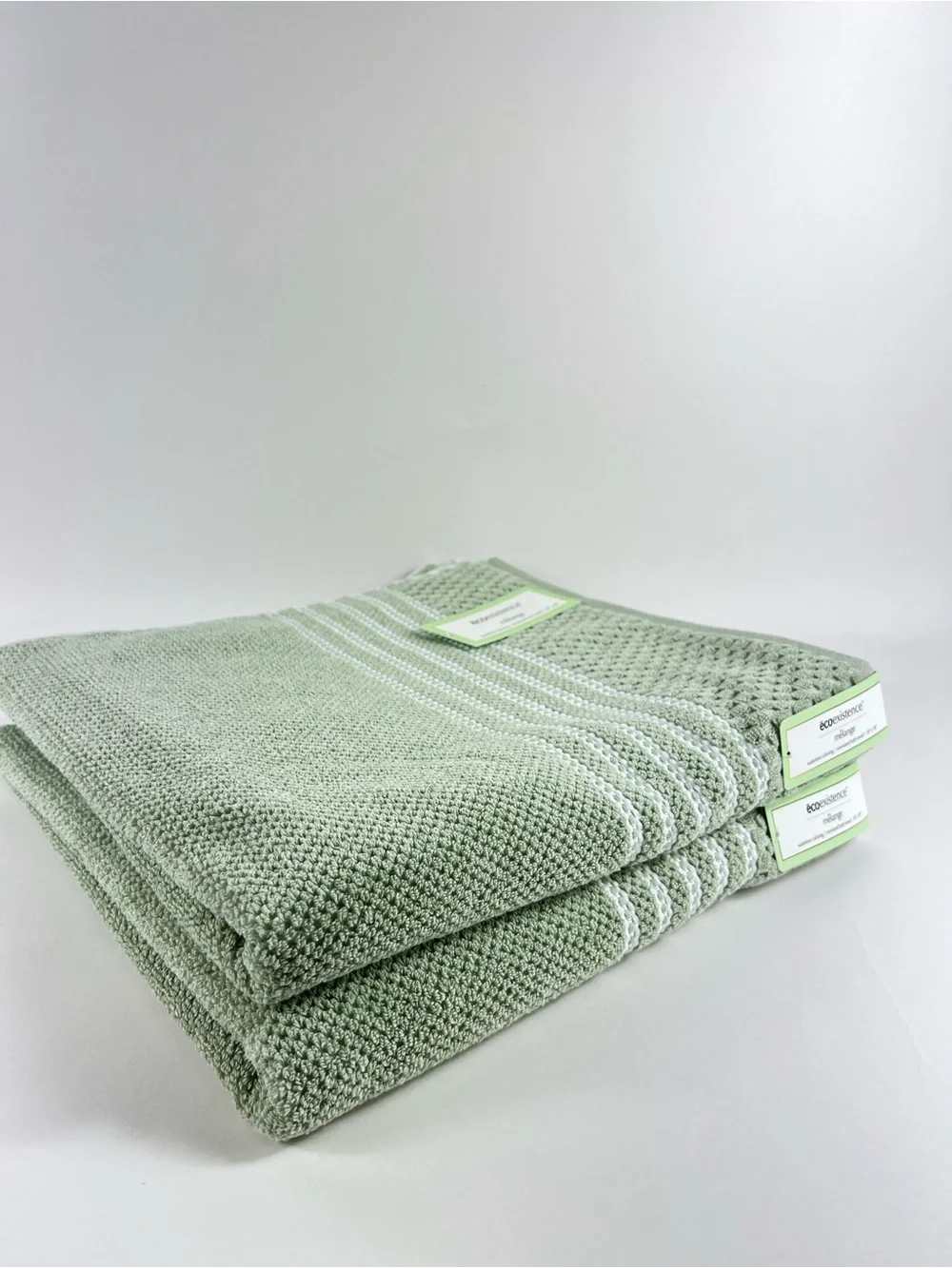 Ecoexistence Mélange Bath Towels Green White Stripe Soft Cotton Blend 2 Pc NEW